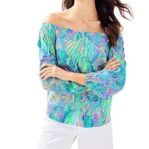 Lilly Pulitzer Adira Silk Off the Shoulder Blouse Size XXS Pink/Blue/Green